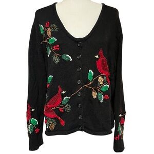 Tiara International Christmas Sweater Ramie Cotton Cardigan Black Cardinal 14/16